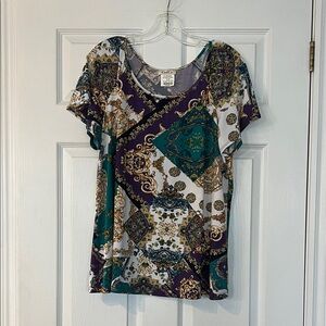 Kim & Co Teal & Purple Short Sleeve Printed Top